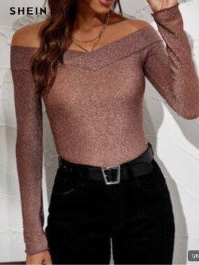 SHEIN Rose Gold Off-Shoulder Glitter Long Sleeve Top